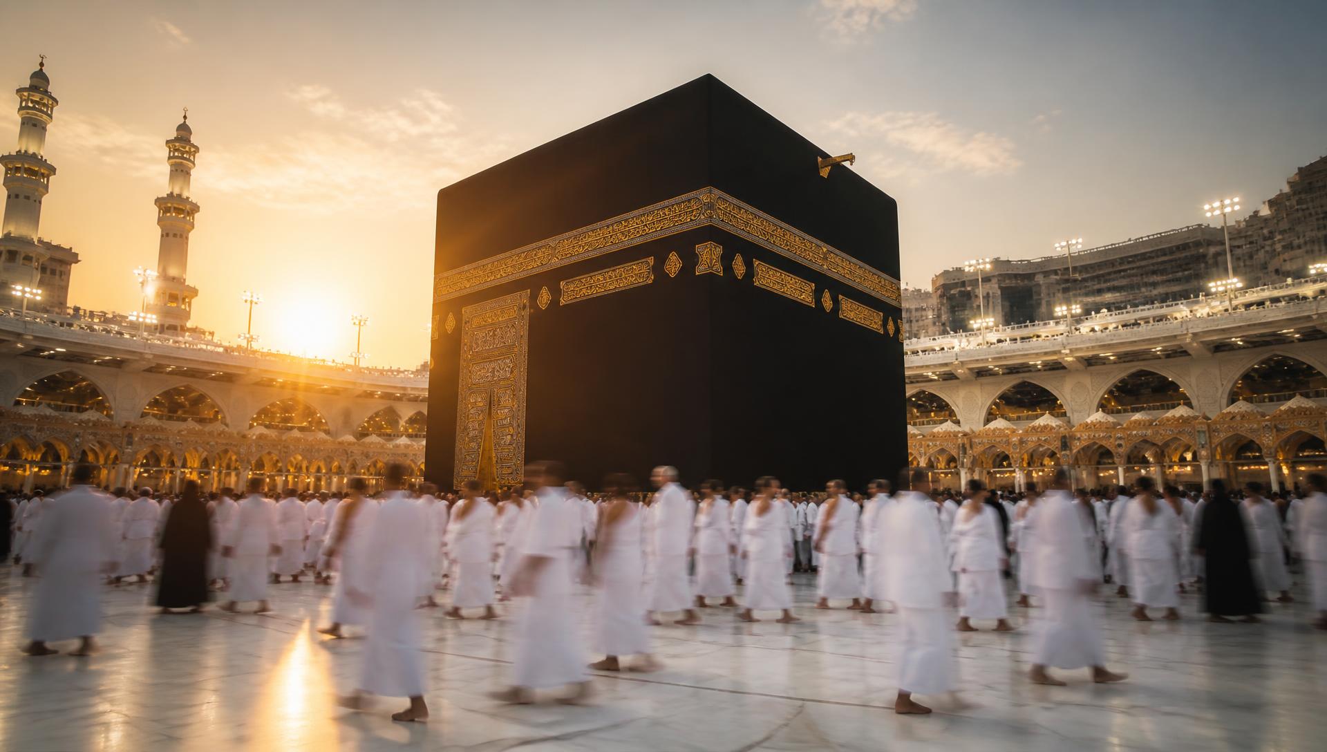 The Kaaba in Masjid al-Haram at dawn with pilgrims performing tawaf